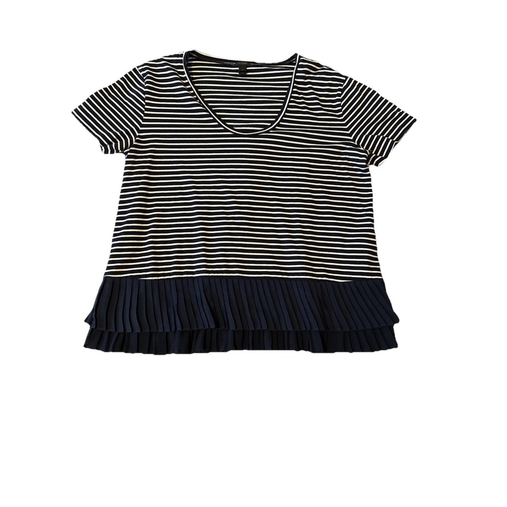 J‎ Crew Navy Blue Striped Pleated Chiffon Hem Shirt Women's S Nautical Beach